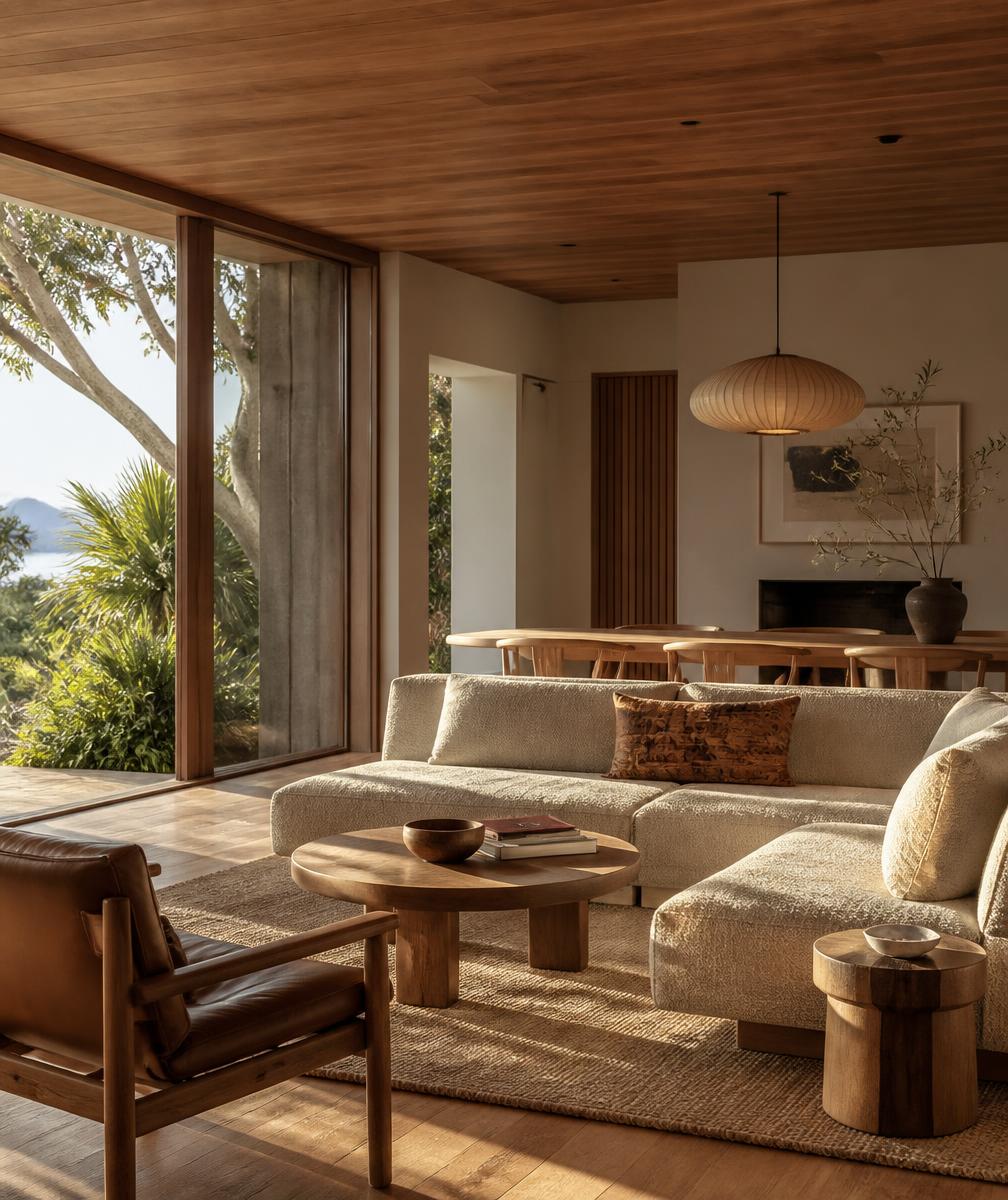 Warm interior of a modern New Zealand home with wooden textures and large windows